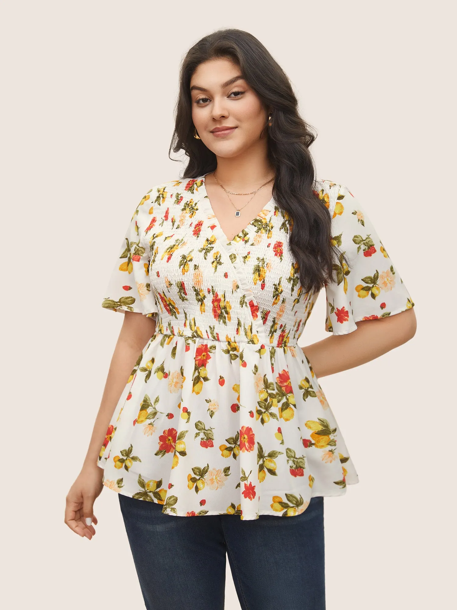 Citrus Lemon Print Elastic Waist Shirred Wrap Ruffles Blouse sold by Bloomchic product image thumbnail 2