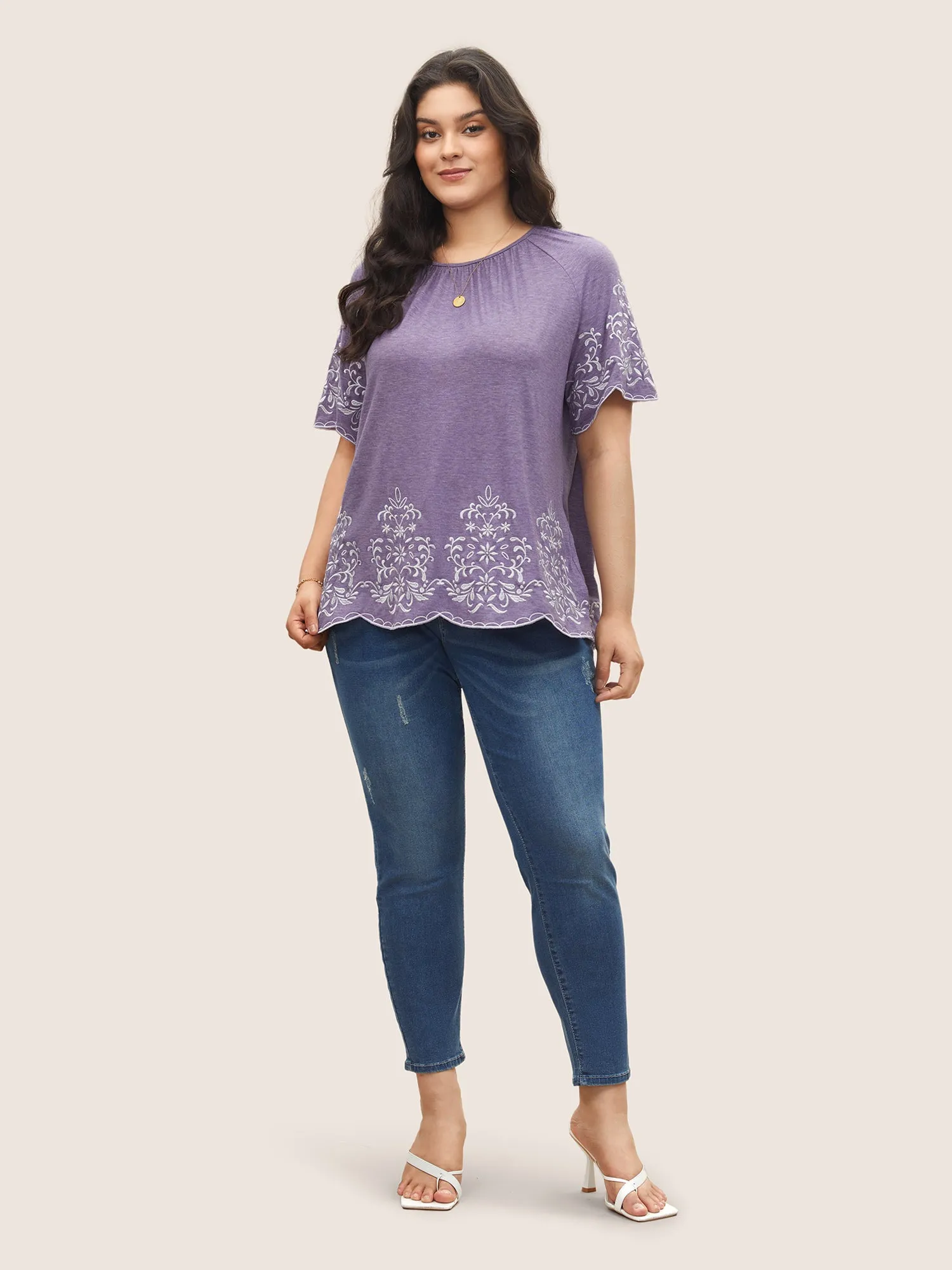 Embroidered Scalloped Trim Gathered T-shirt sold by Bloomchic product image thumbnail 3