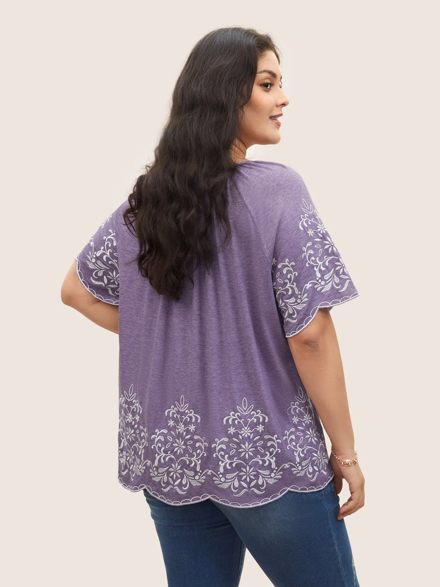Embroidered Scalloped Trim Gathered T-shirt sold by Bloomchic product image thumbnail 2