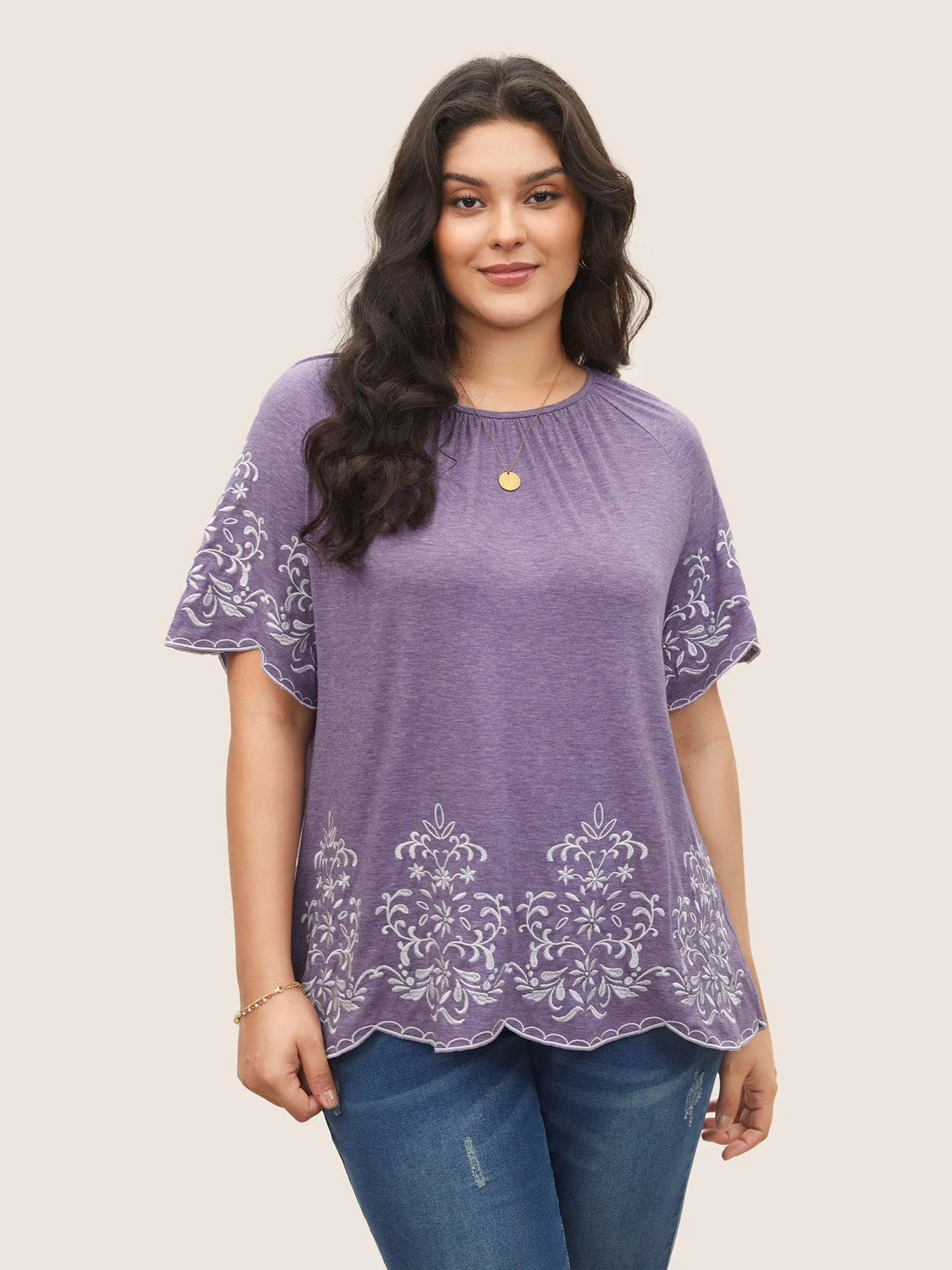 Embroidered Scalloped Trim Gathered T-shirt sold by Bloomchic