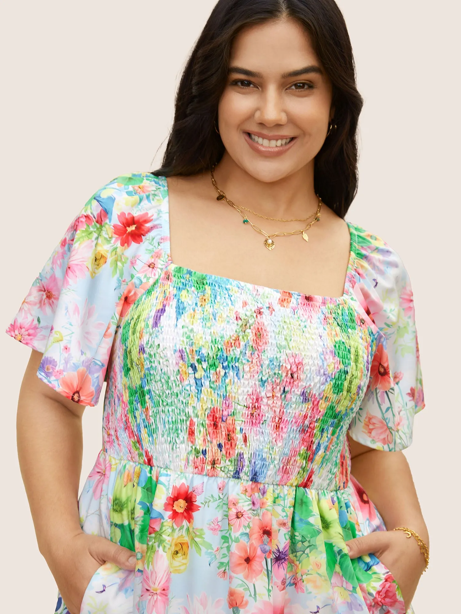 Square Neck Floral Shirred Ruffle Layered Hem Dress sold by Bloomchic product image thumbnail 4