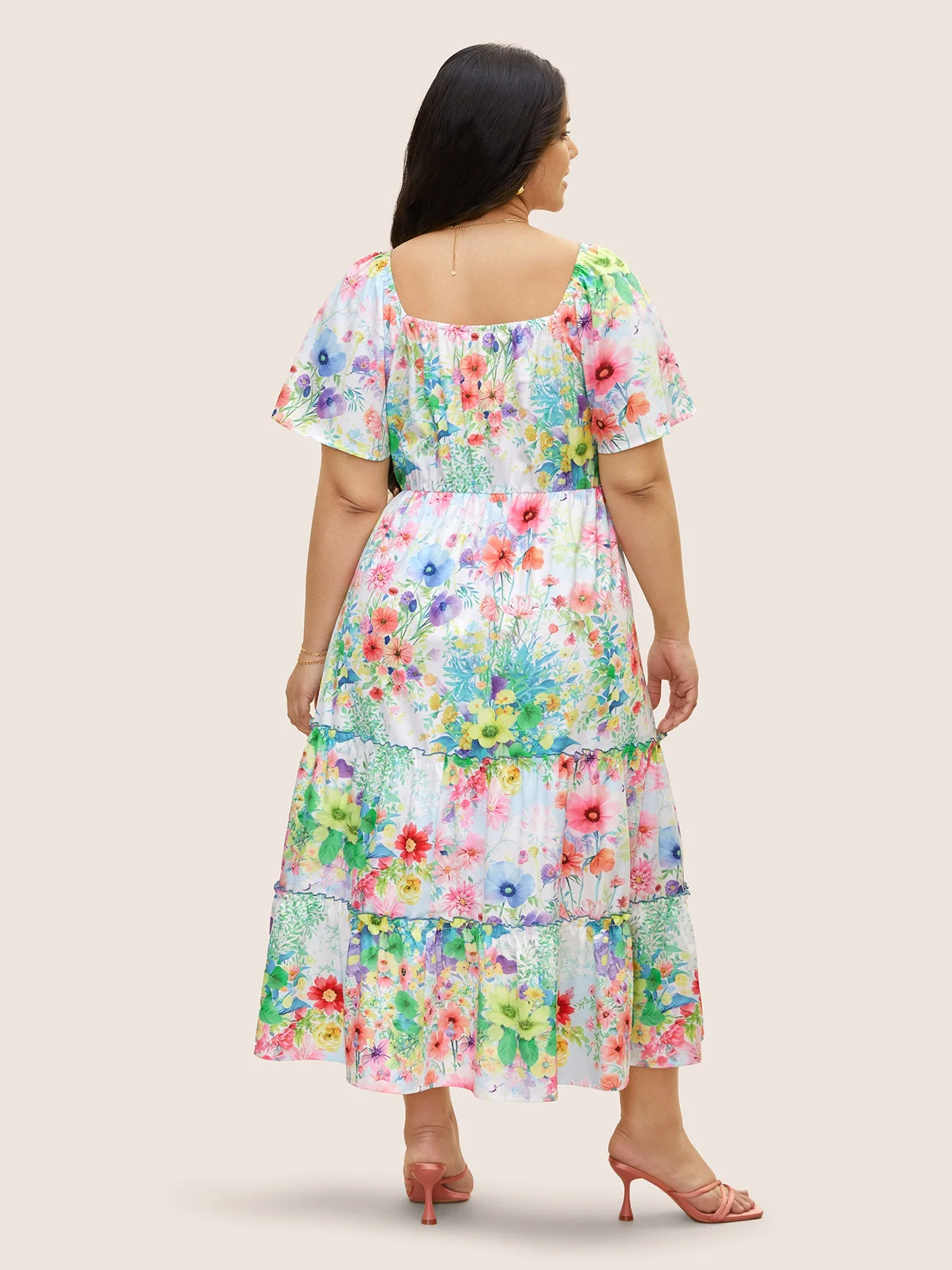 Square Neck Floral Shirred Ruffle Layered Hem Dress sold by Bloomchic product image thumbnail 3