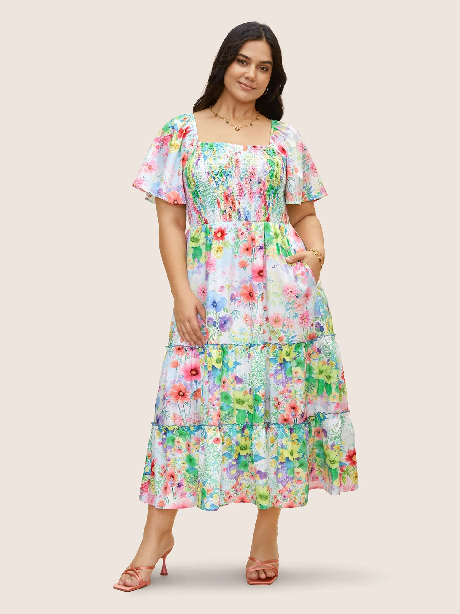 Square Neck Floral Shirred Ruffle Layered Hem Dress sold by Bloomchic product image thumbnail 2