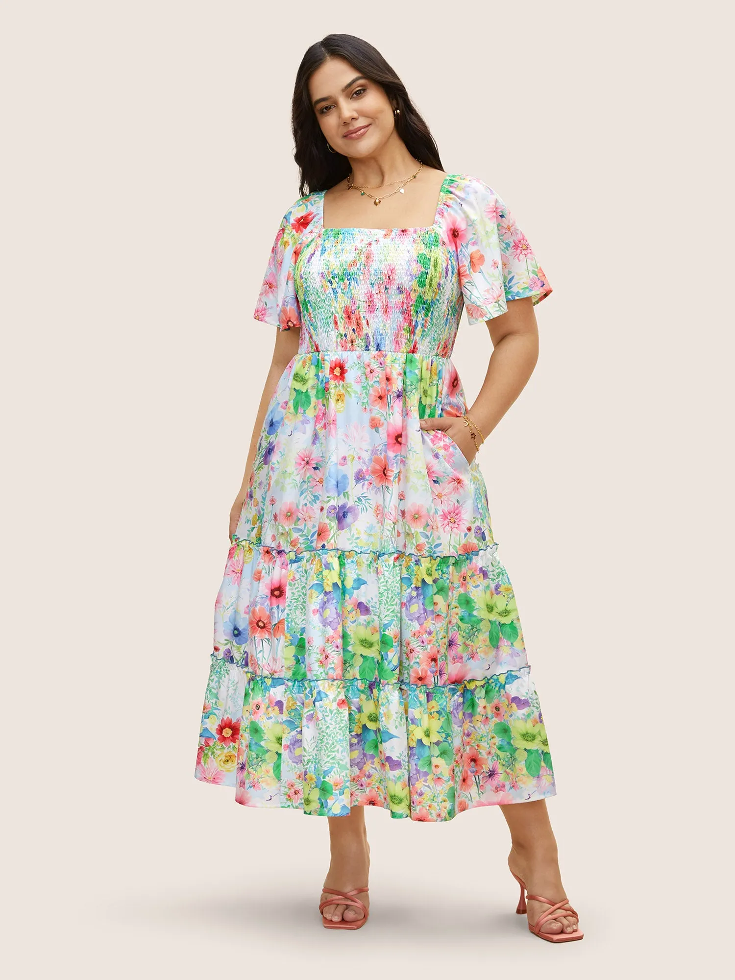 Square Neck Floral Shirred Ruffle Layered Hem Dress sold by Bloomchic