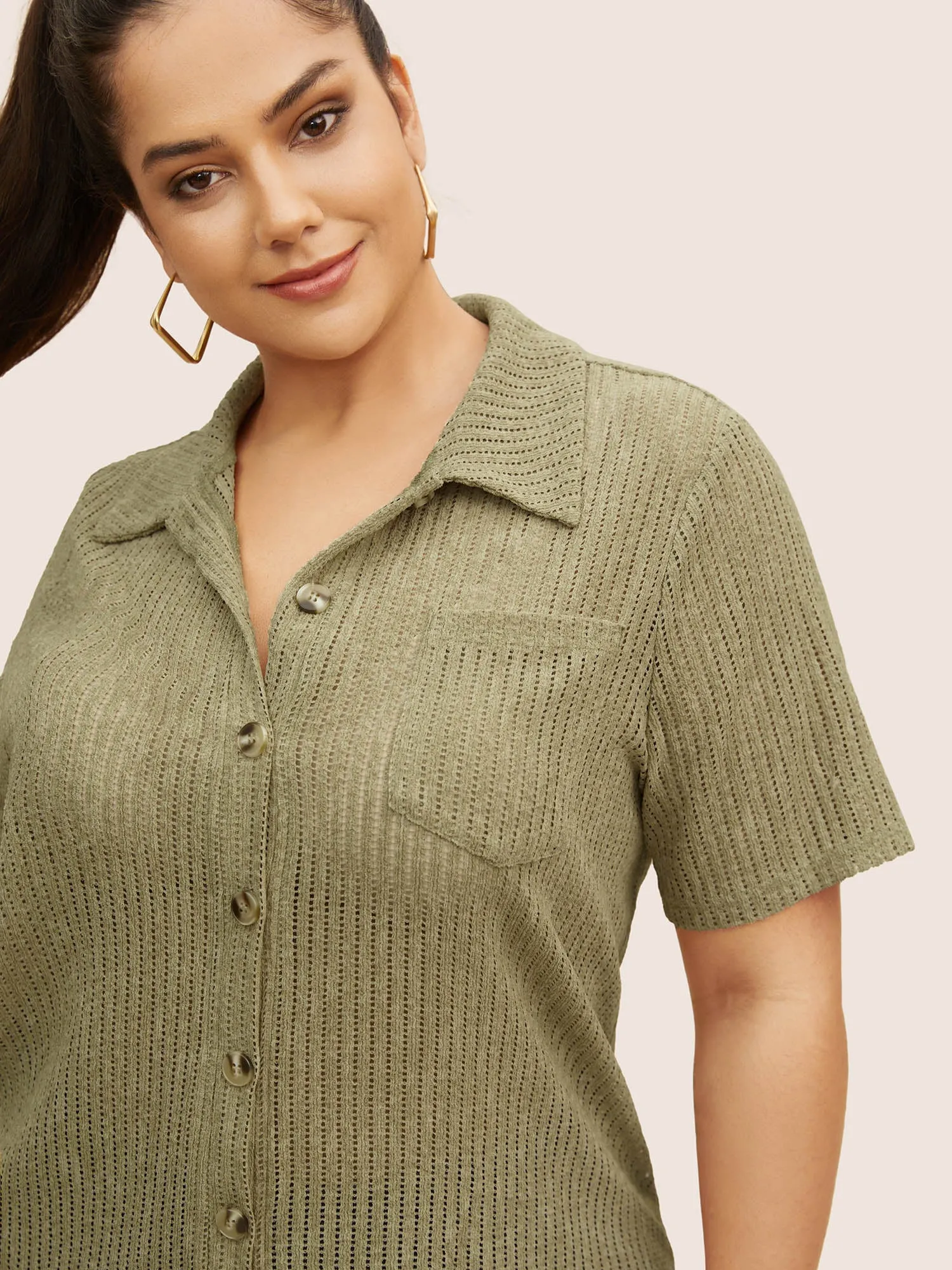 Textured Hollow Out Shirt Collar T-shirt sold by Bloomchic product image thumbnail 5