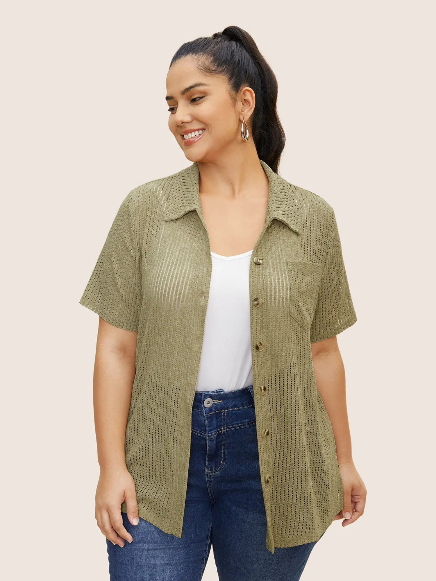 Textured Hollow Out Shirt Collar T-shirt sold by Bloomchic product image thumbnail 4