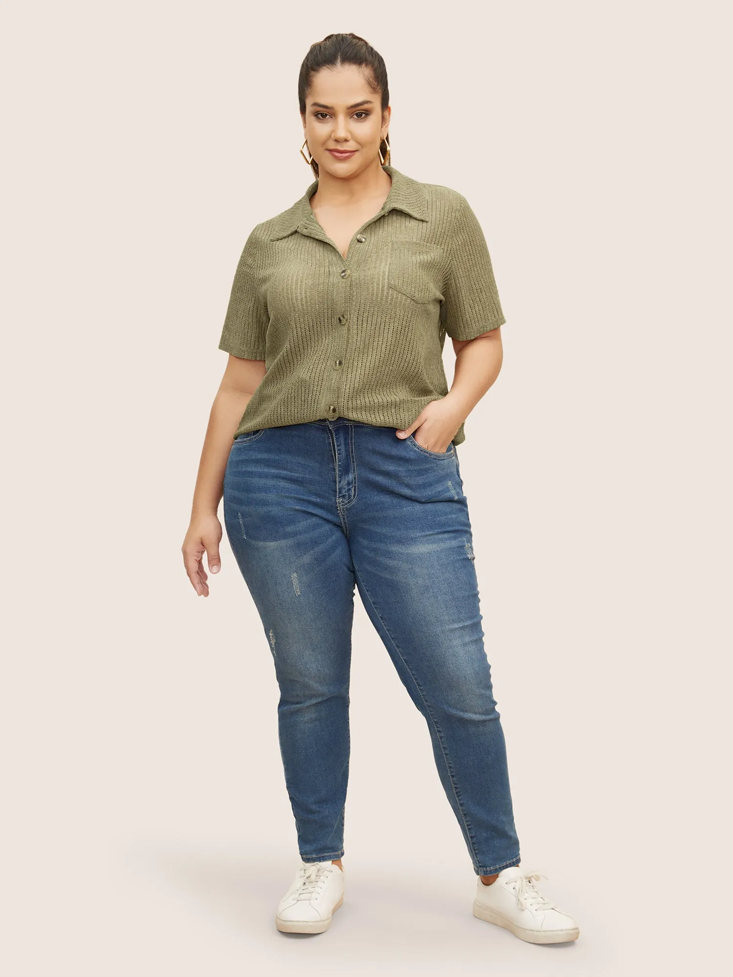 Textured Hollow Out Shirt Collar T-shirt sold by Bloomchic