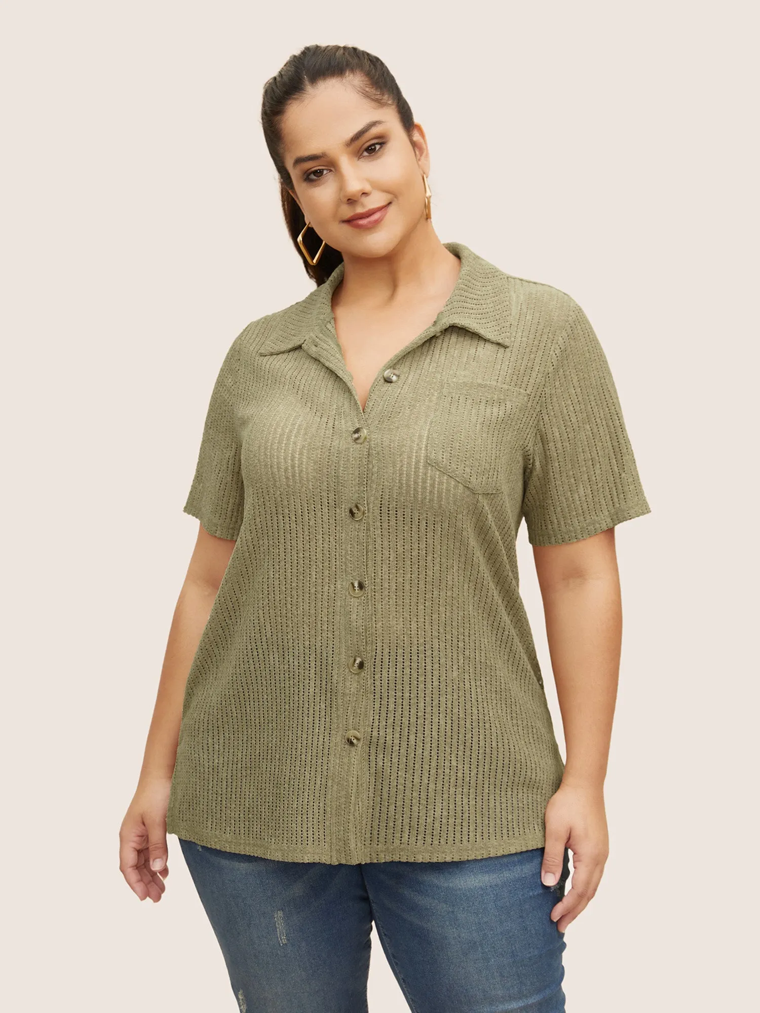 Textured Hollow Out Shirt Collar T-shirt sold by Bloomchic product image thumbnail 3