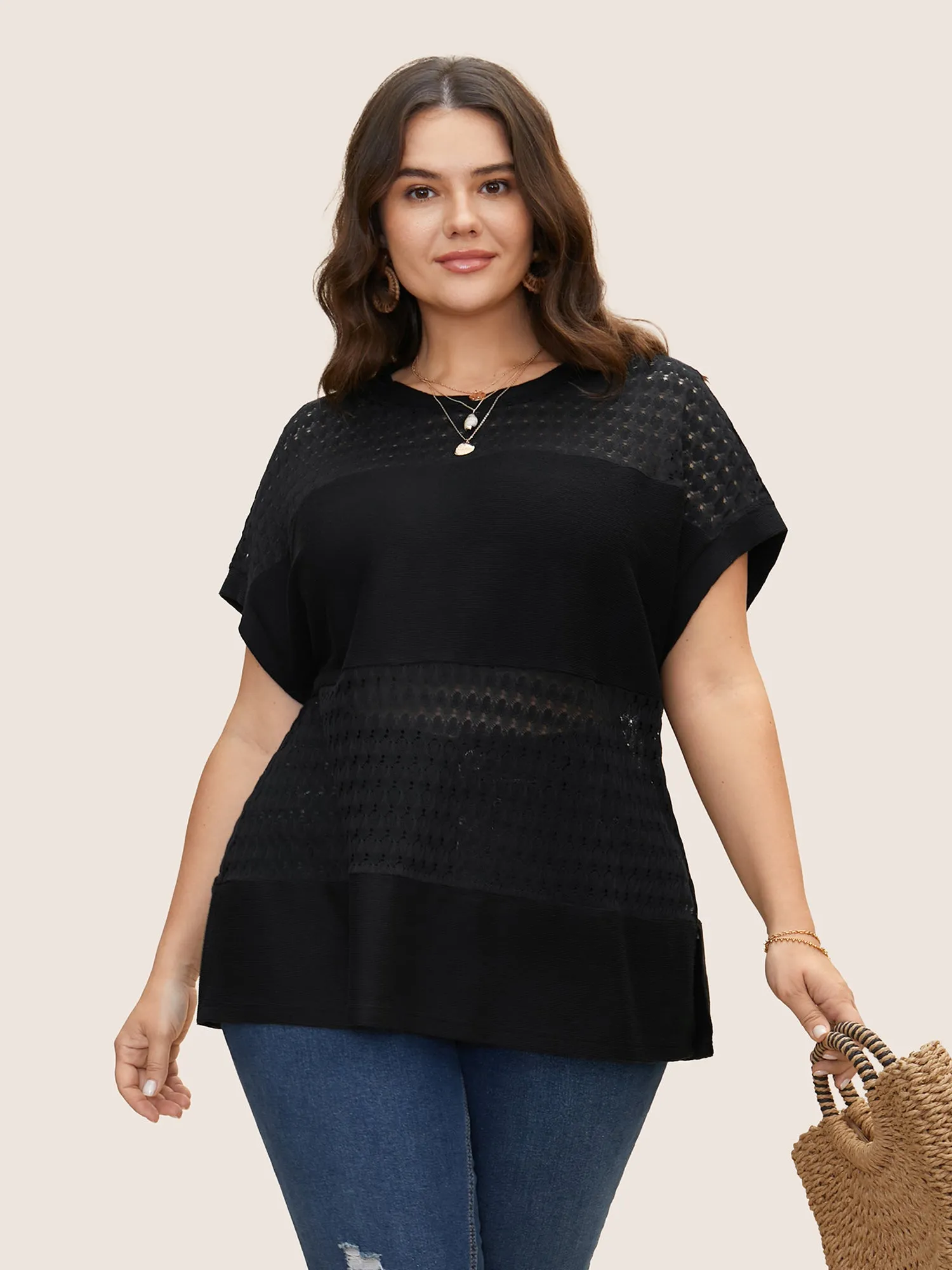 Solid Cut Out Patchwork Split Hem T-shirt sold by Bloomchic