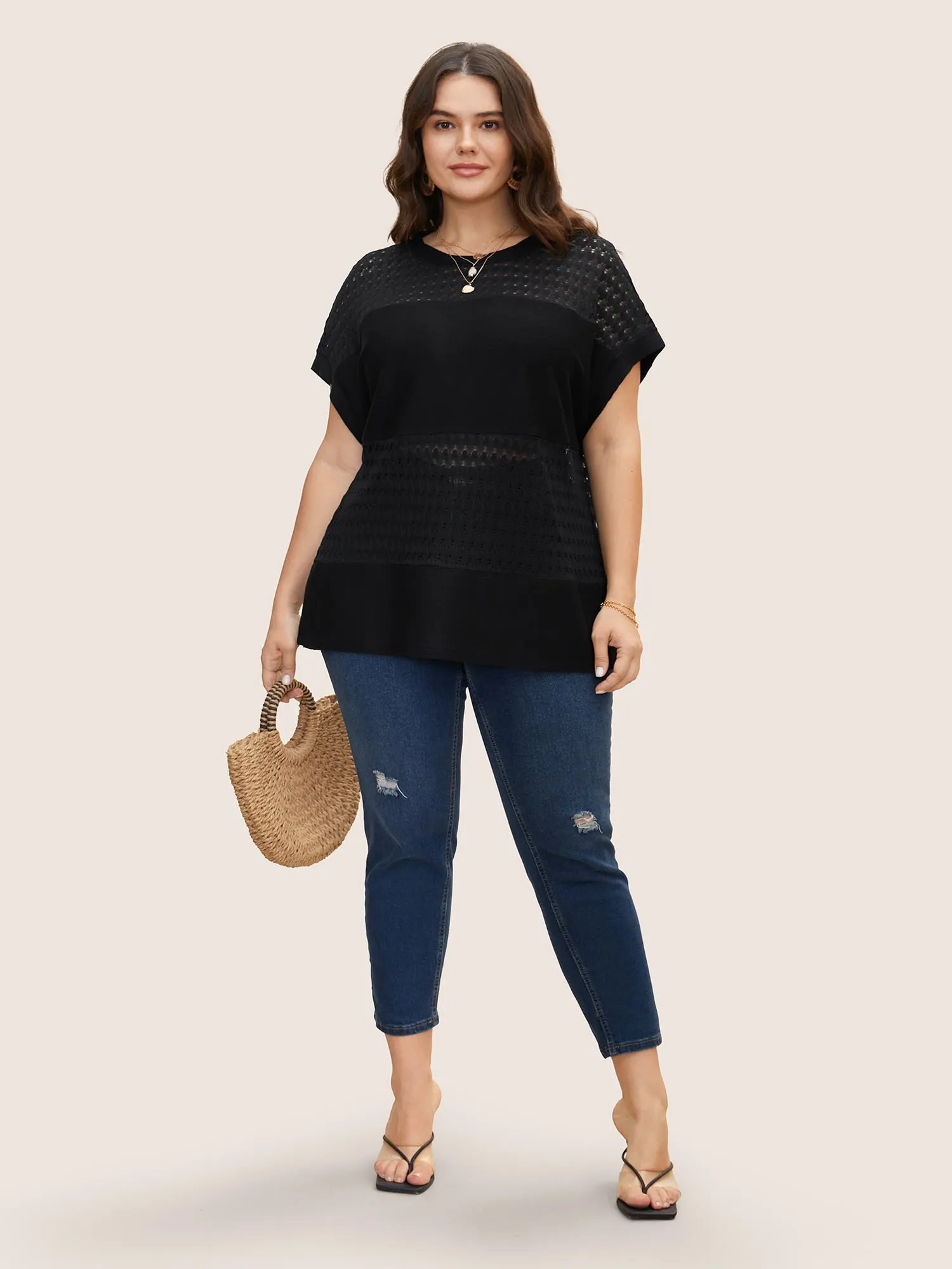 Solid Cut Out Patchwork Split Hem T-shirt sold by Bloomchic product image thumbnail 3