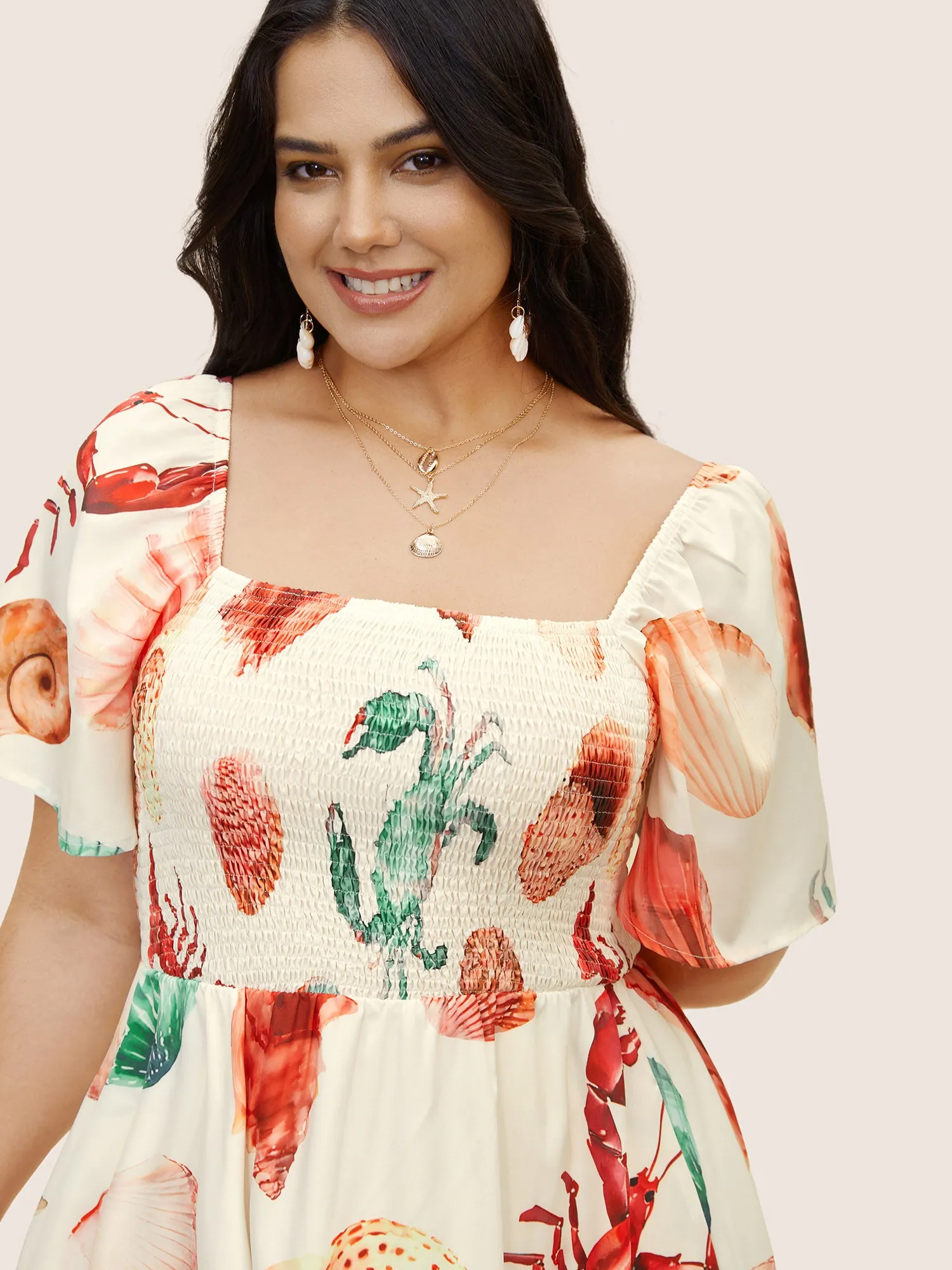 Marine Elements Print Shirred Ruffle Sleeve Dress sold by Bloomchic product image thumbnail 2