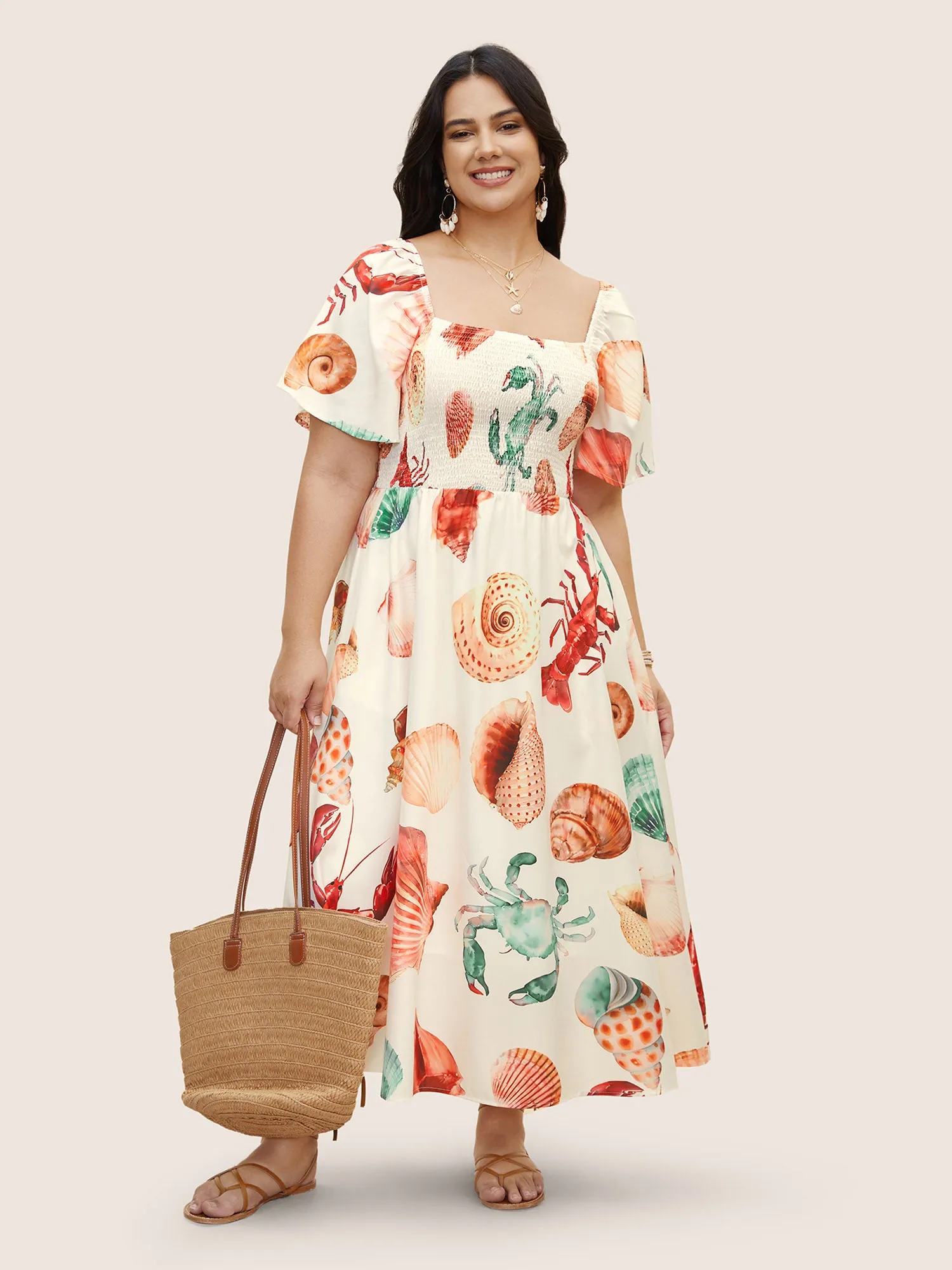 Marine Elements Print Shirred Ruffle Sleeve Dress sold by Bloomchic