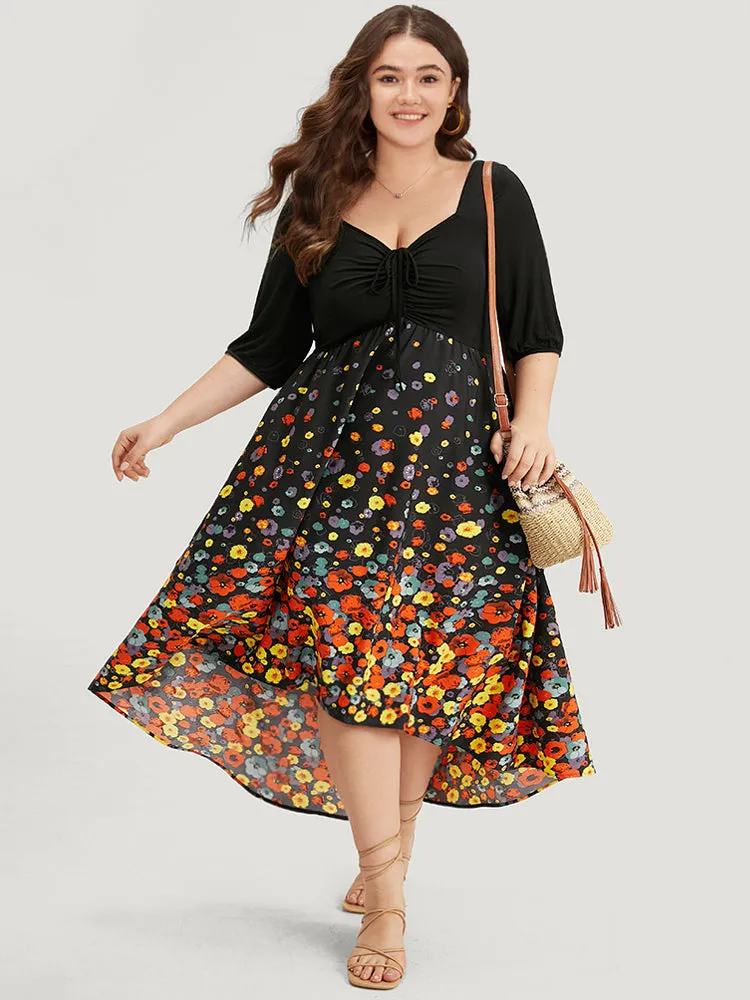 Floral Print Patchwork Drawstring Square Neck Dress sold by Bloomchic product image thumbnail 3