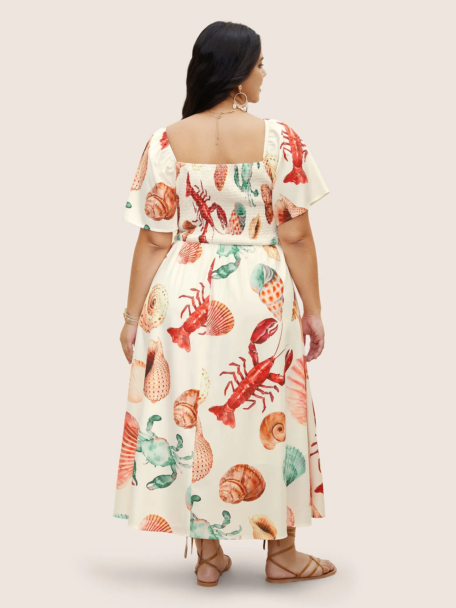 Marine Elements Print Shirred Ruffle Sleeve Dress sold by Bloomchic product image thumbnail 4