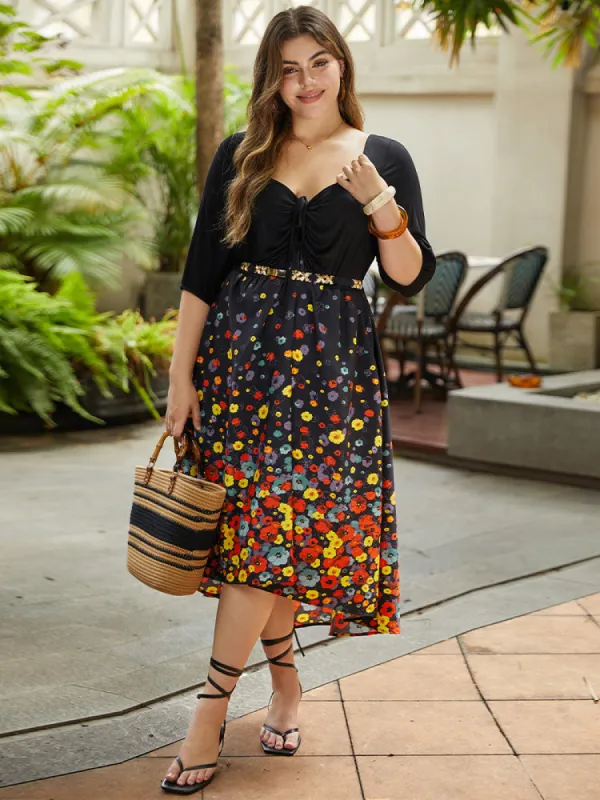 Floral Print Patchwork Drawstring Square Neck Dress sold by Bloomchic