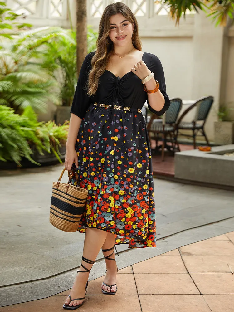 Floral Print Patchwork Drawstring Square Neck Dress sold by Bloomchic