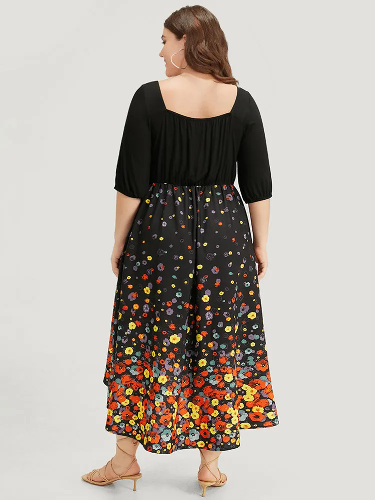 Floral Print Patchwork Drawstring Square Neck Dress sold by Bloomchic product image thumbnail 4