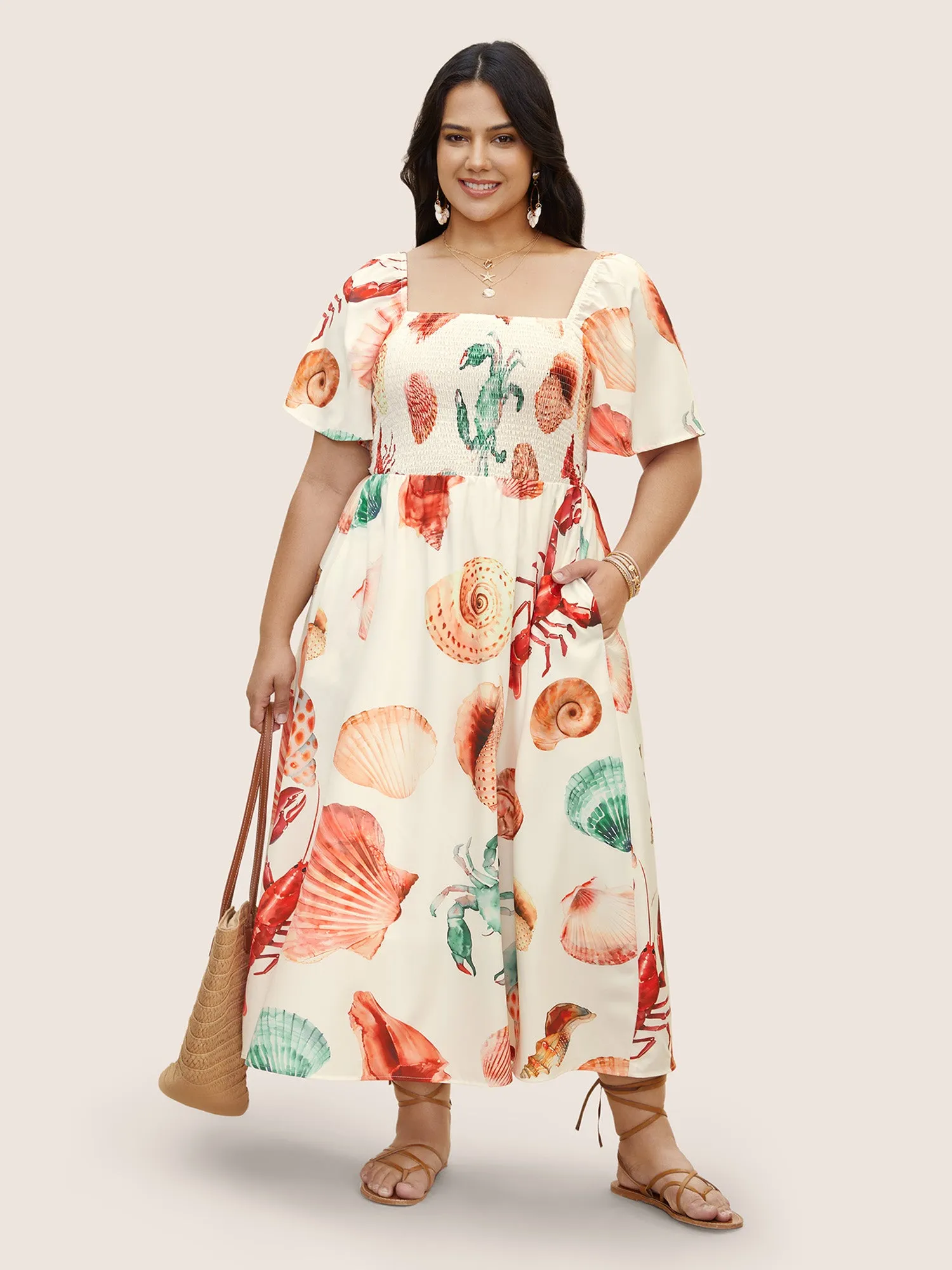 Marine Elements Print Shirred Ruffle Sleeve Dress sold by Bloomchic product image thumbnail 3