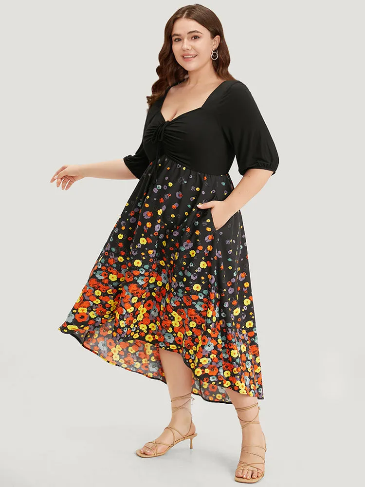 Floral Print Patchwork Drawstring Square Neck Dress sold by Bloomchic product image thumbnail 5