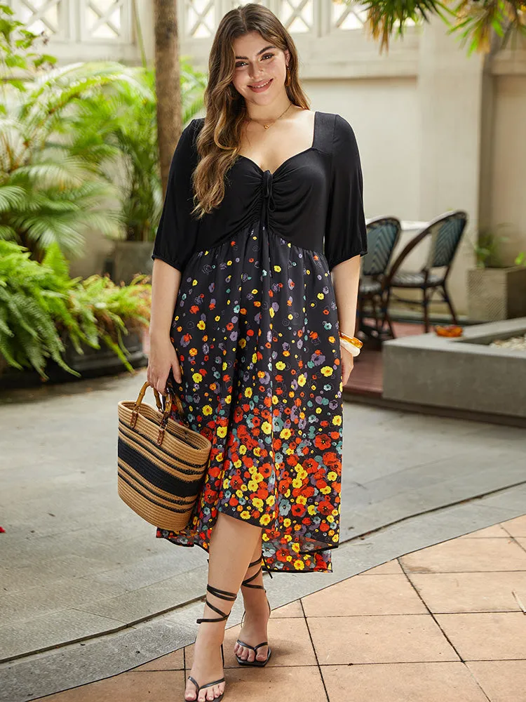Floral Print Patchwork Drawstring Square Neck Dress sold by Bloomchic product image thumbnail 2