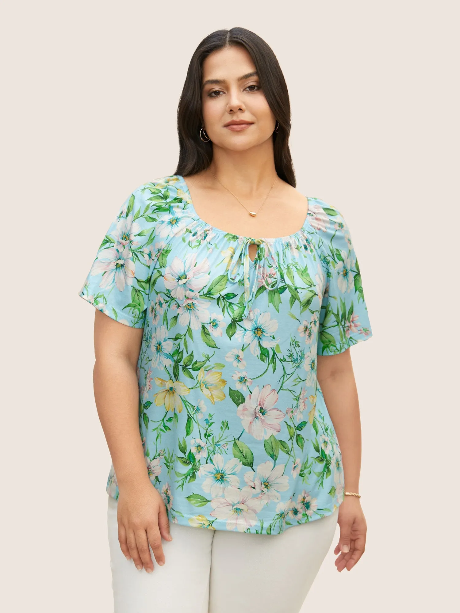 Square Neck Natural Flowers Tie Knot T-shirt sold by Bloomchic