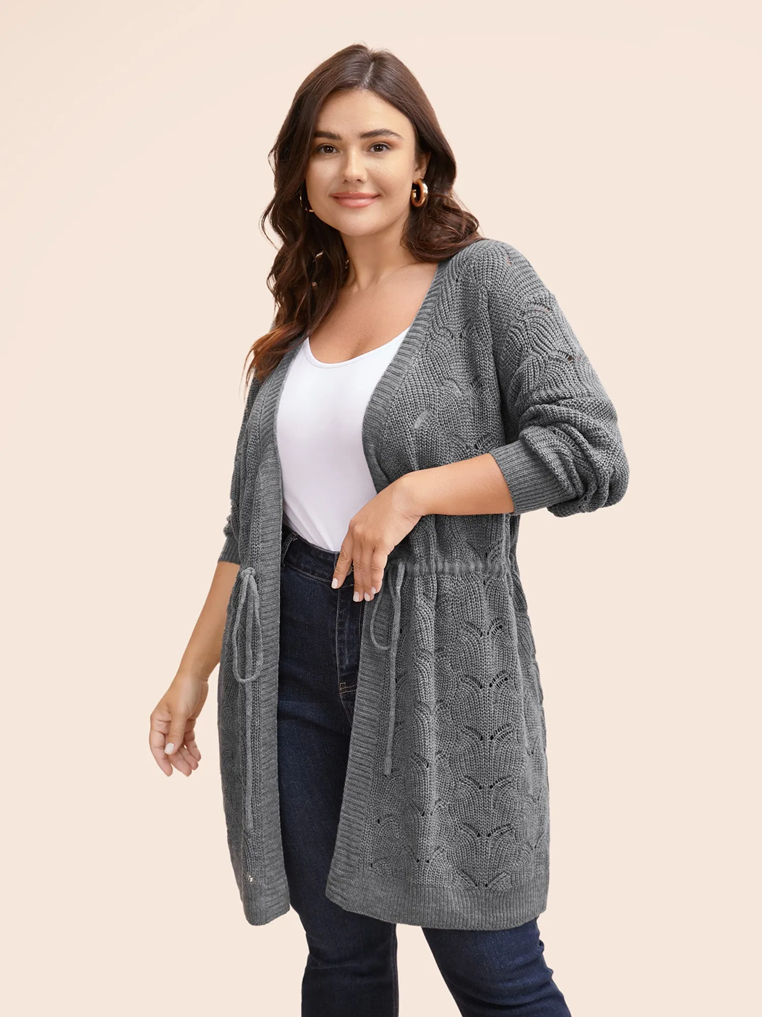 Textured Kimono Collar Drawstring Cardigan sold by Bloomchic