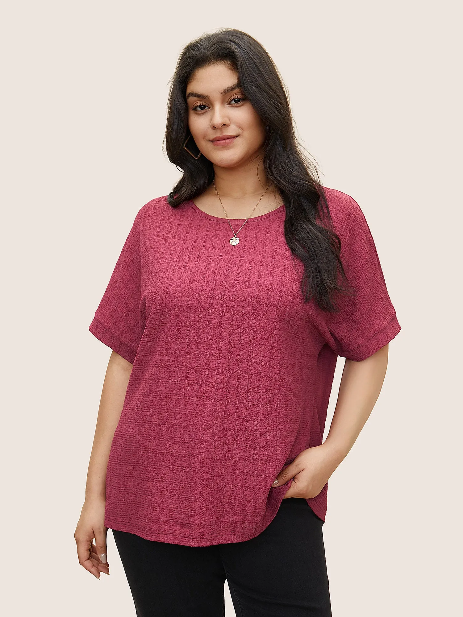 Plain Textured Jacquard Dolman Sleeve T-shirt sold by Bloomchic
