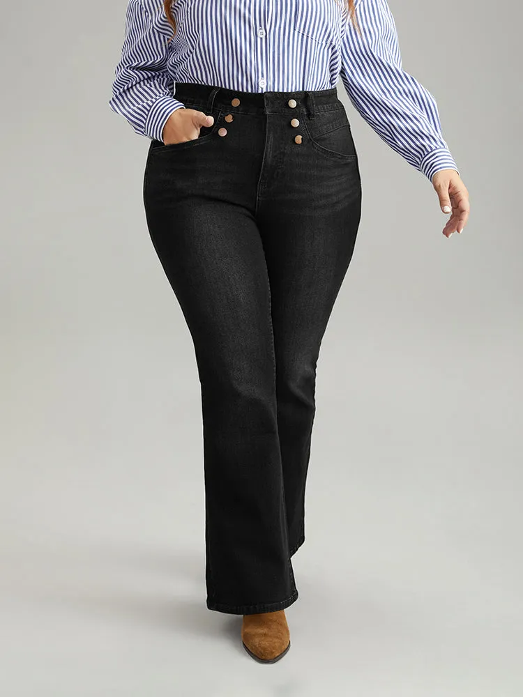 Flare Leg Button Detail High Rise Jeans sold by Bloomchic