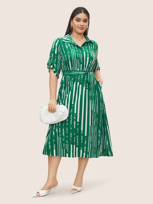 Geometric Shirt Collar Tab Sleeve Belted Dress sold by Bloomchic
