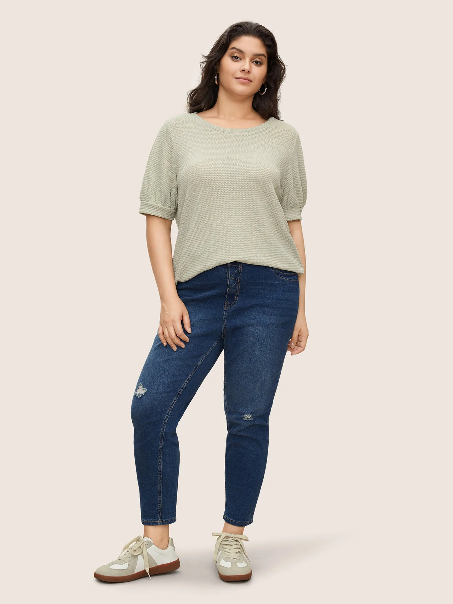 Solid Waffle Knit Crew Neck T-shirt sold by Bloomchic product image thumbnail 3