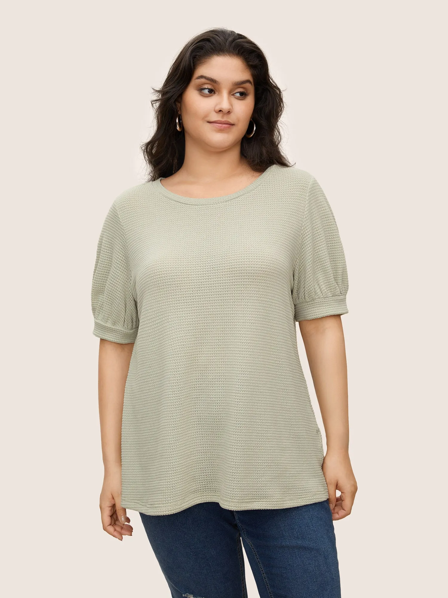 Solid Waffle Knit Crew Neck T-shirt sold by Bloomchic