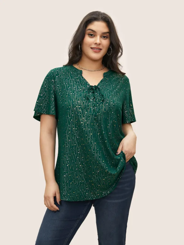 Star Glitter Lace Up Knot Neck Blouse sold by Bloomchic