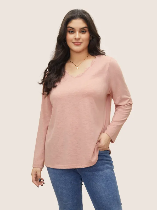 Solid Heather Scalloped Trim T-shirt sold by Bloomchic