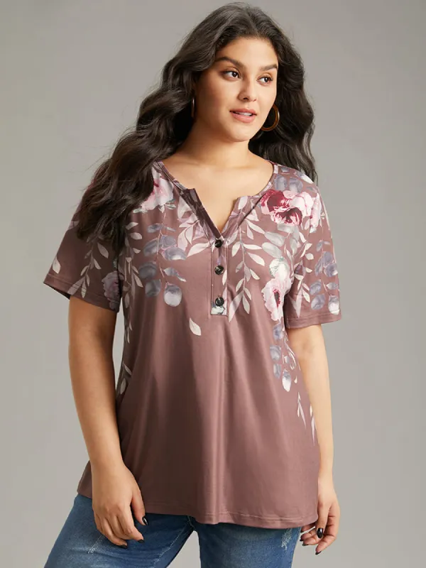Floral Print Notched Button Up T-shirt sold by Bloomchic