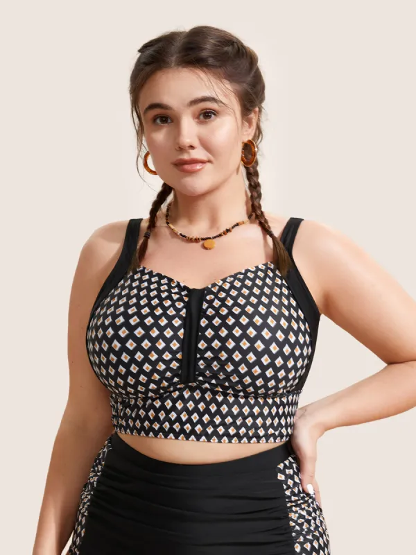 Geometric Heart Neckline Ruched Swim Top sold by Bloomchic