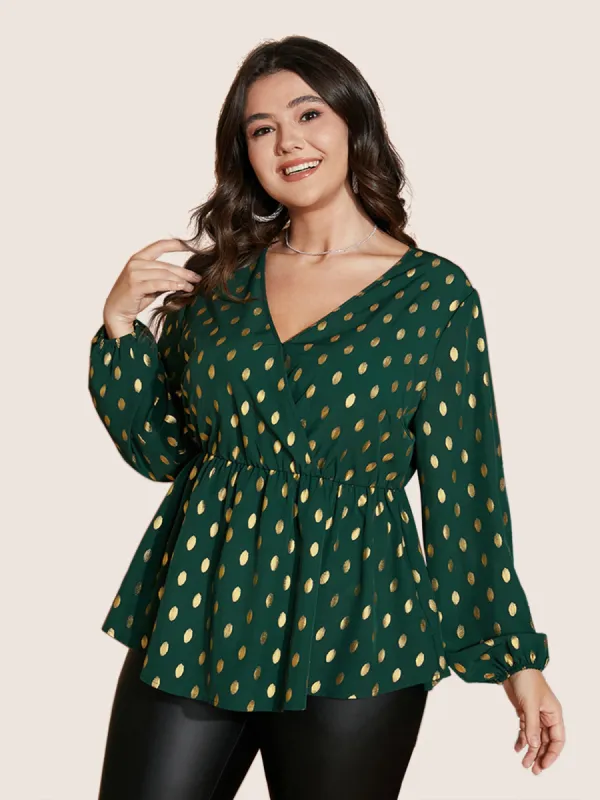 Polka Dot Lantern Sleeve Wrap Ruffle Blouse sold by Bloomchic
