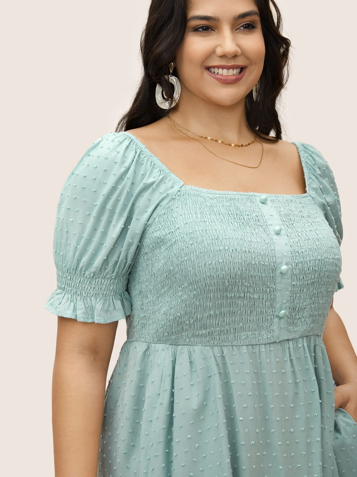 Supersoft Essentials Solid Puff Sleeve Shirred Dress sold by Bloomchic product image thumbnail 4