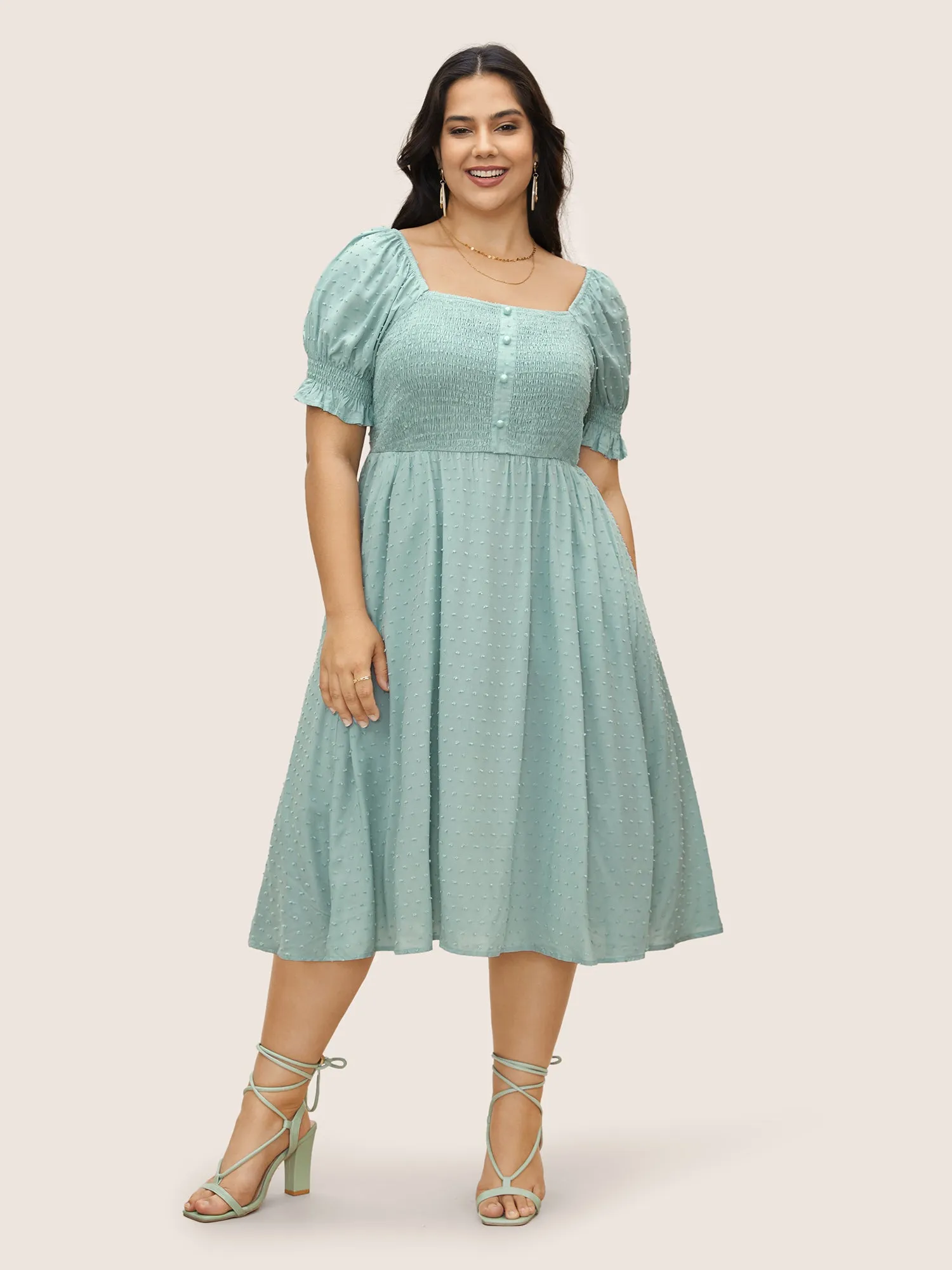 Supersoft Essentials Solid Puff Sleeve Shirred Dress sold by Bloomchic