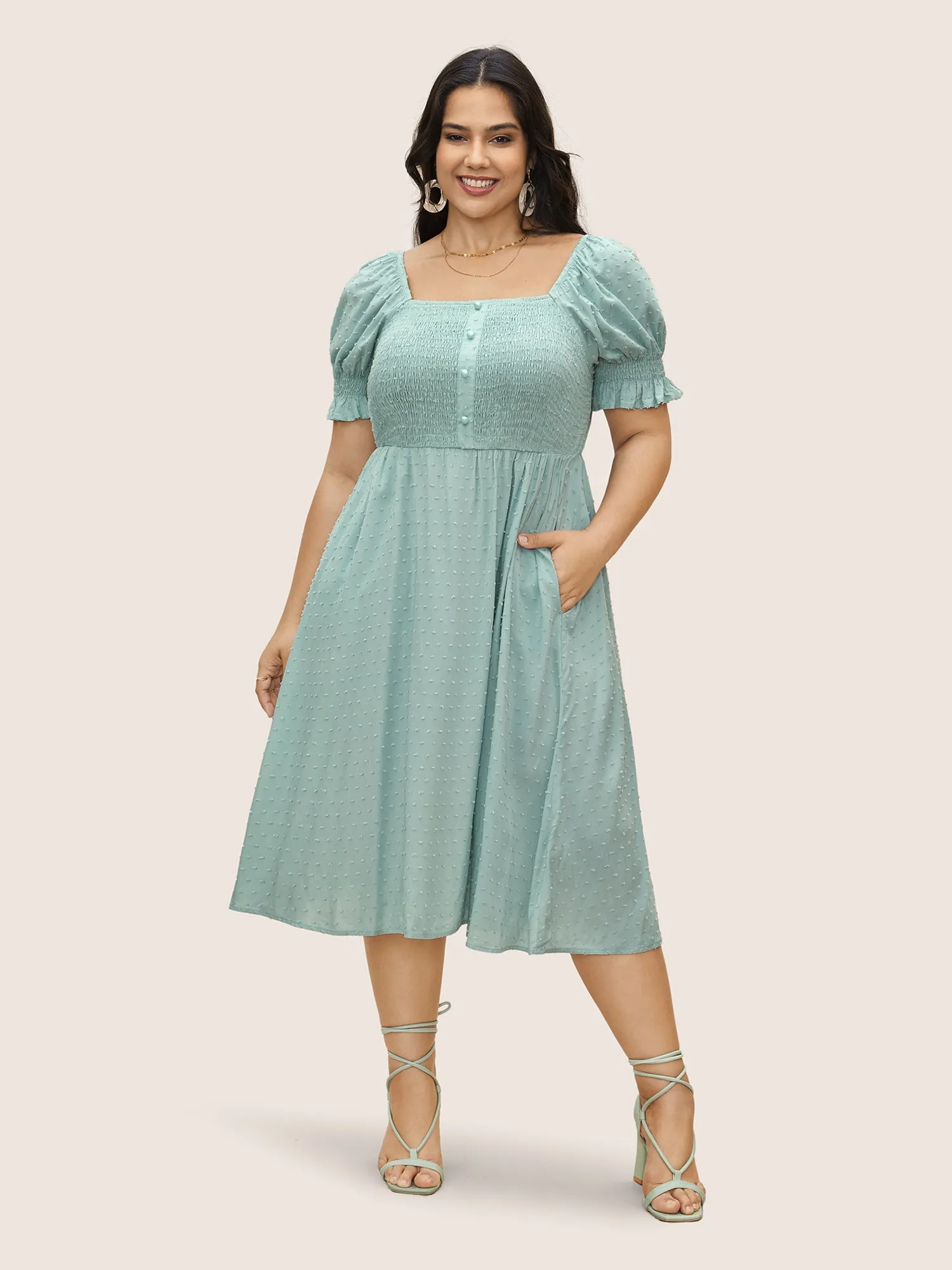 Supersoft Essentials Solid Puff Sleeve Shirred Dress sold by Bloomchic product image thumbnail 2