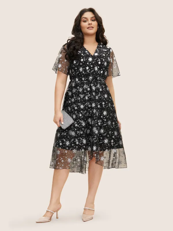 Glitter Star Mesh Patchwork Ruffle Sleeve Dress sold by Bloomchic