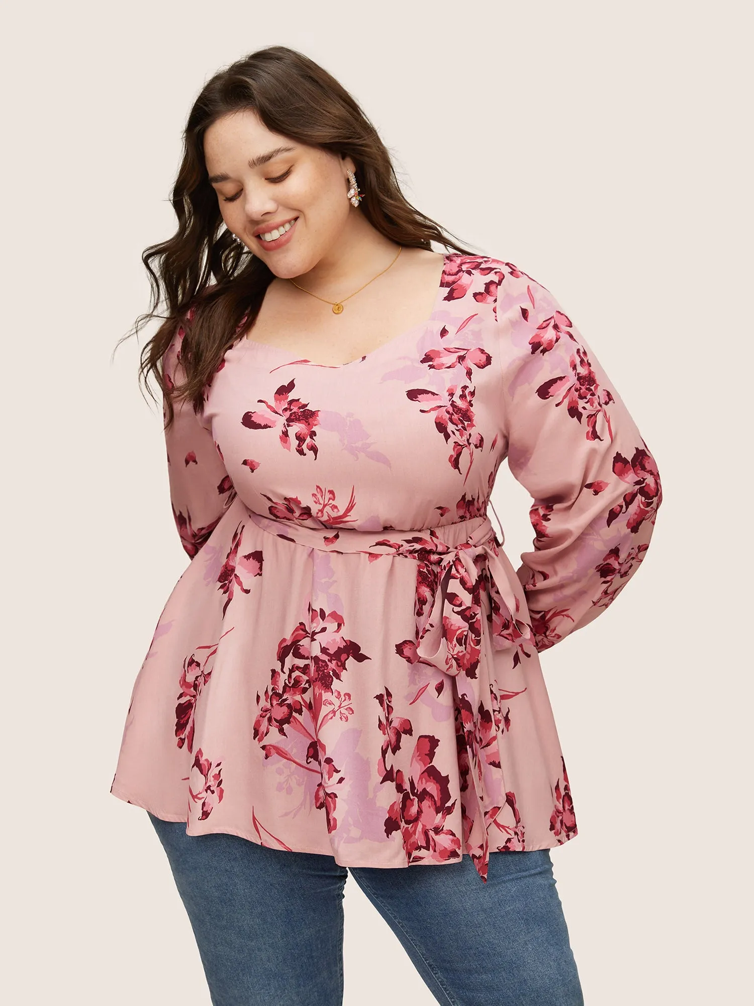 Floral Elastic Waist Belted Square Neck Gathered Blouse sold by Bloomchic