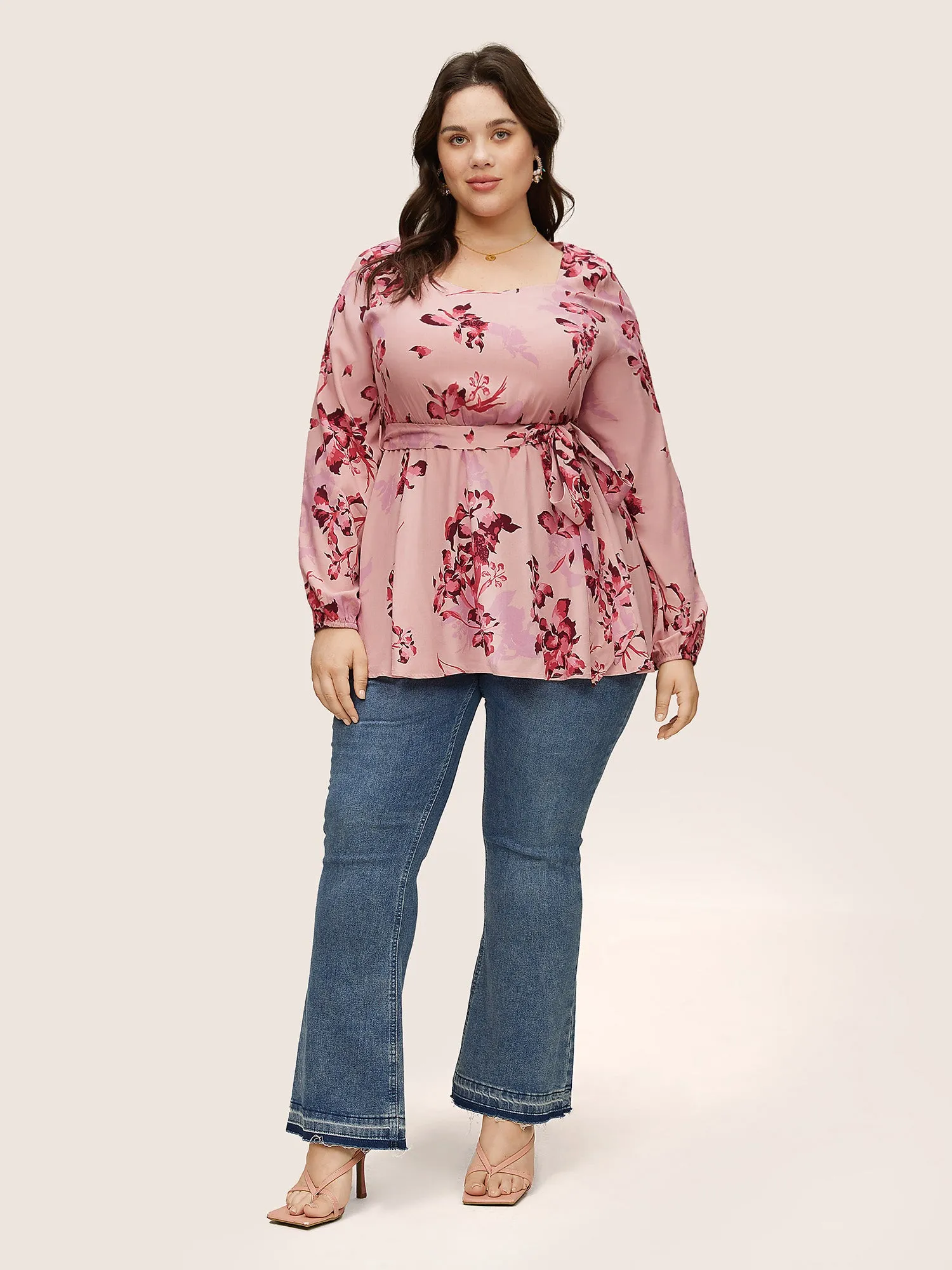 Floral Elastic Waist Belted Square Neck Gathered Blouse sold by Bloomchic product image thumbnail 3