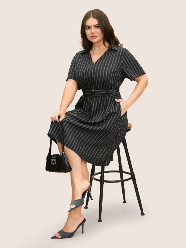 Striped Shirt Collar Buckle Detail Belted Dress sold by Bloomchic