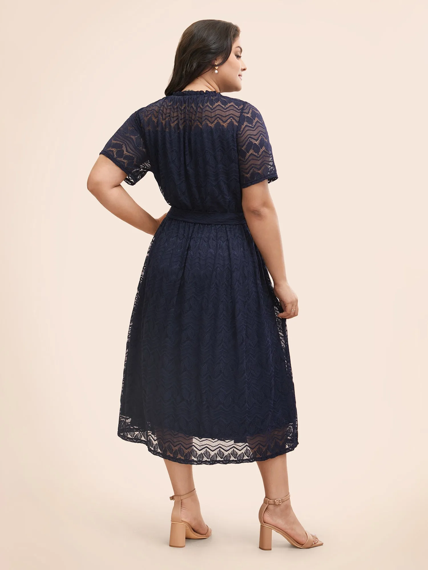Mock Neck Lace Mesh Patchwork Belted Dress sold by Bloomchic product image thumbnail 3