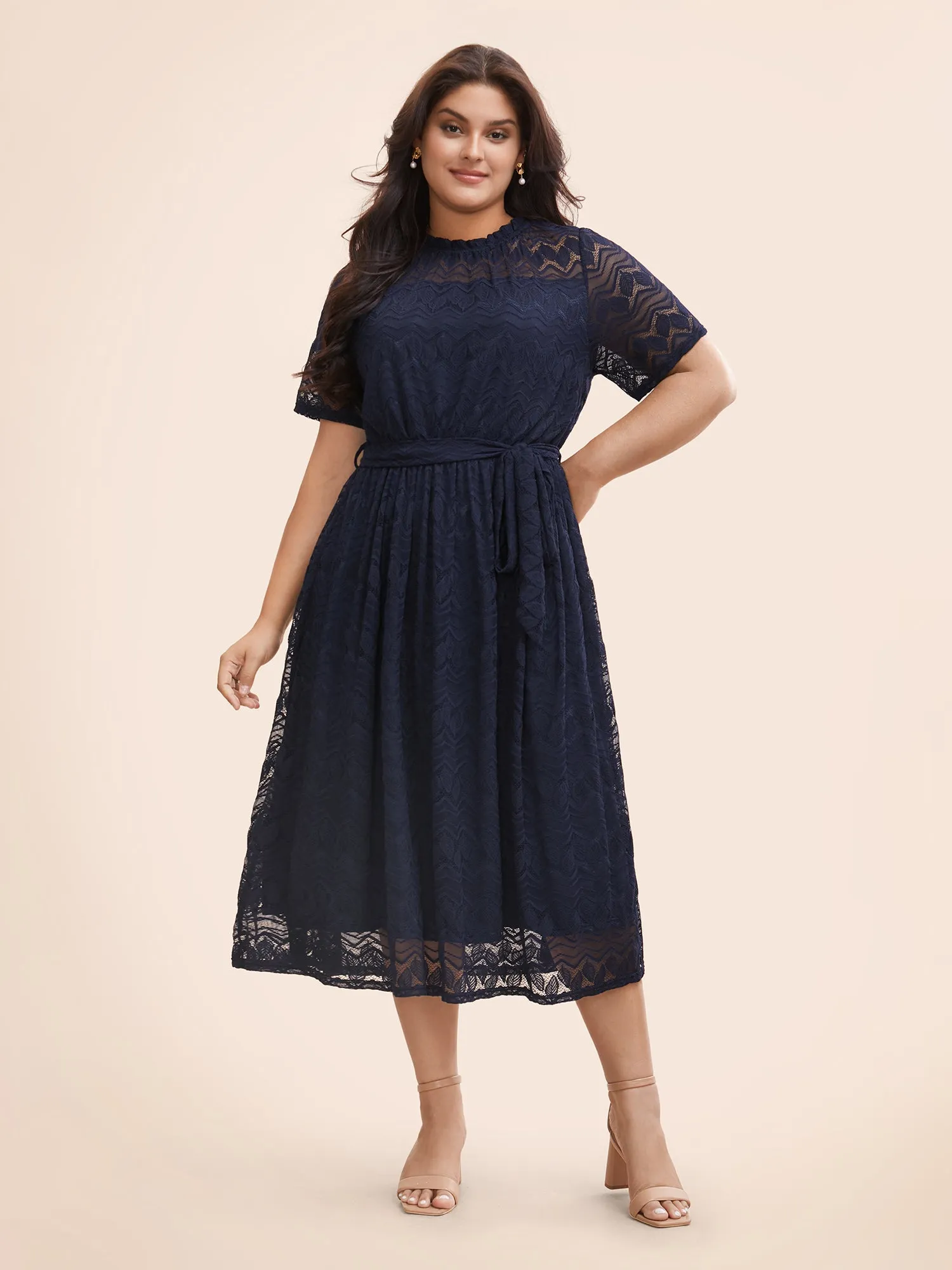 Mock Neck Lace Mesh Patchwork Belted Dress sold by Bloomchic
