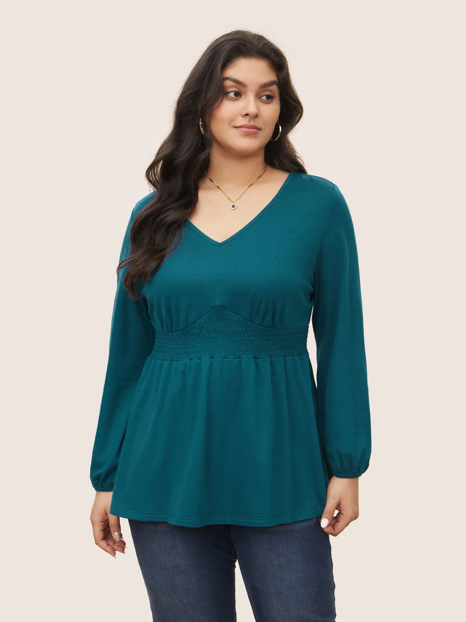 Plain Shirred Gathered Lantern Sleeve T-shirt sold by Bloomchic