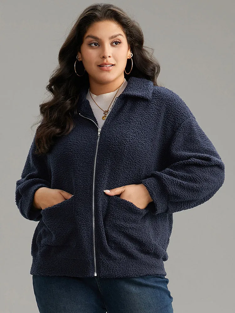 Solid Zipper Pocket Teddy Jacket sold by Bloomchic