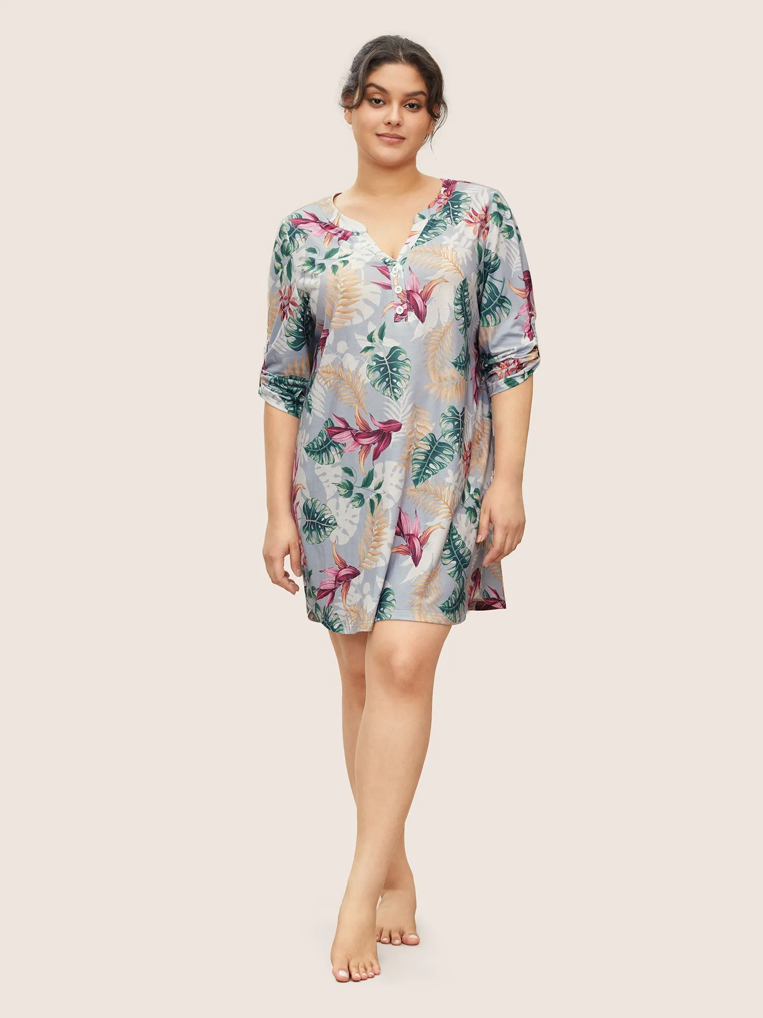 Tropical Print Button Cuff Sleeve Sleep Dress sold by Bloomchic product image thumbnail 3