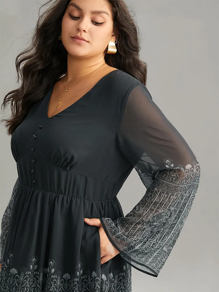 Boho Print Button Detail Bell Sleeve Dress sold by Bloomchic product image thumbnail 4