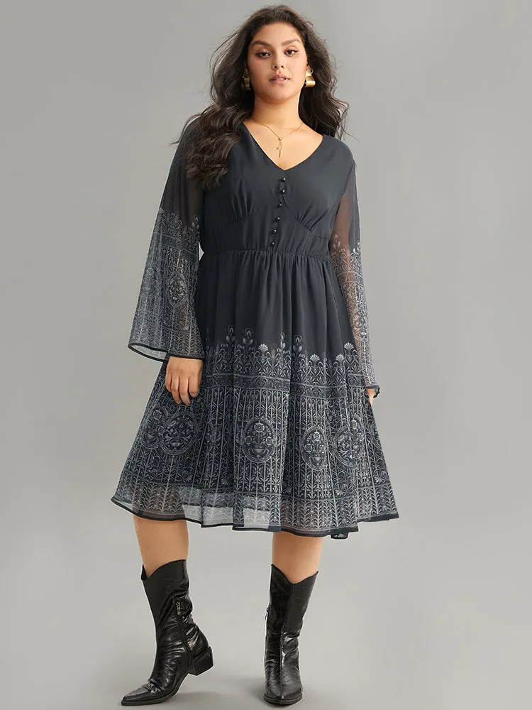 Boho Print Button Detail Bell Sleeve Dress sold by Bloomchic